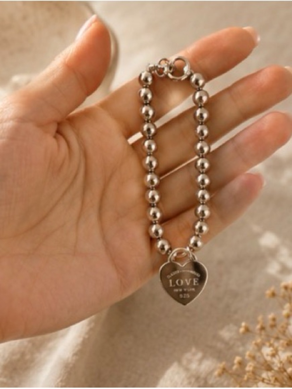 Sterling Silver Heart Charm Beaded Bracelet - Silver
